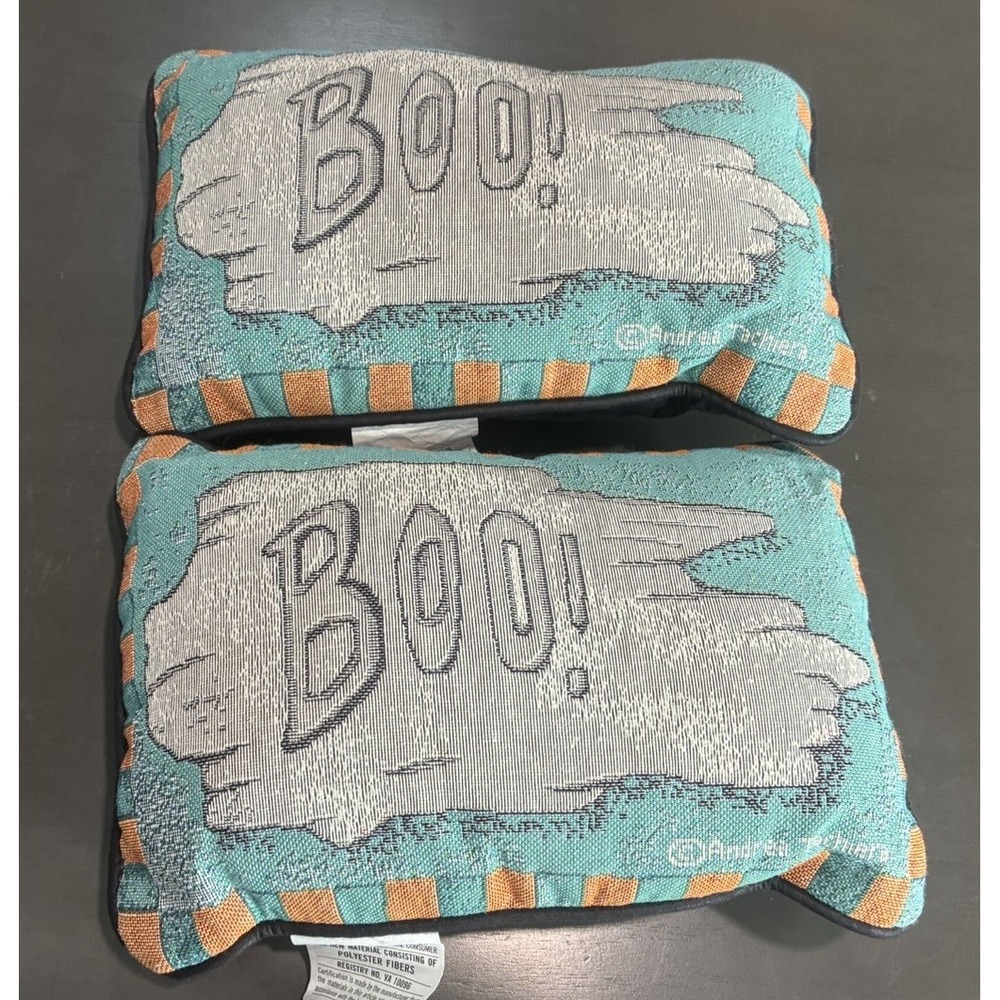 Set Of 2 Halloween Tapestry Pillows "Boo" Lot Of 2 Decor Pillow Boo Blue Orange
